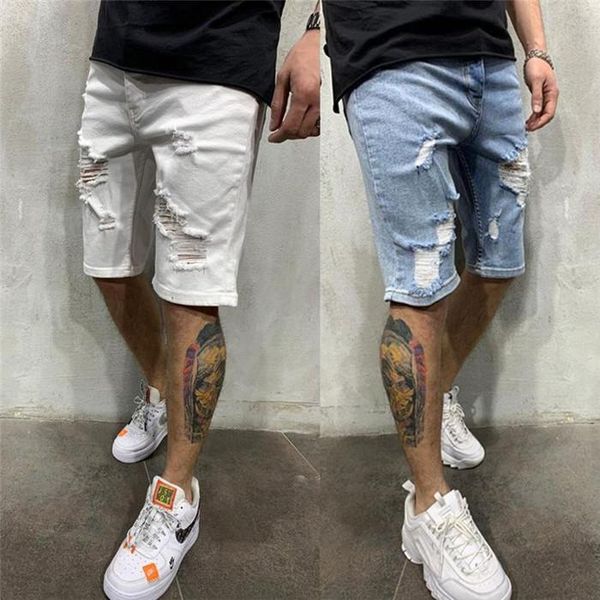 

mens light washed denim shorts summer designer knee length holes street style jeans males fasion loose casual short, White;black