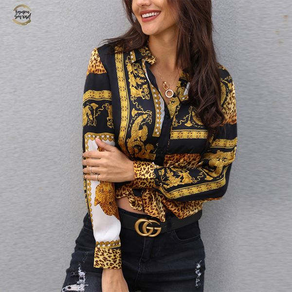 

2019 spring women leopard print knot front blouse shirt office lady elegant turn down collar long sleeve regular button shirt streetwear, White