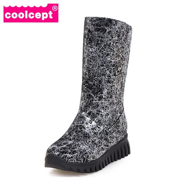 

coolcept 4 colors women mid calf wedges boots women shine height increasing winter shoes warm fur bota woman footwear size 34-40, Black