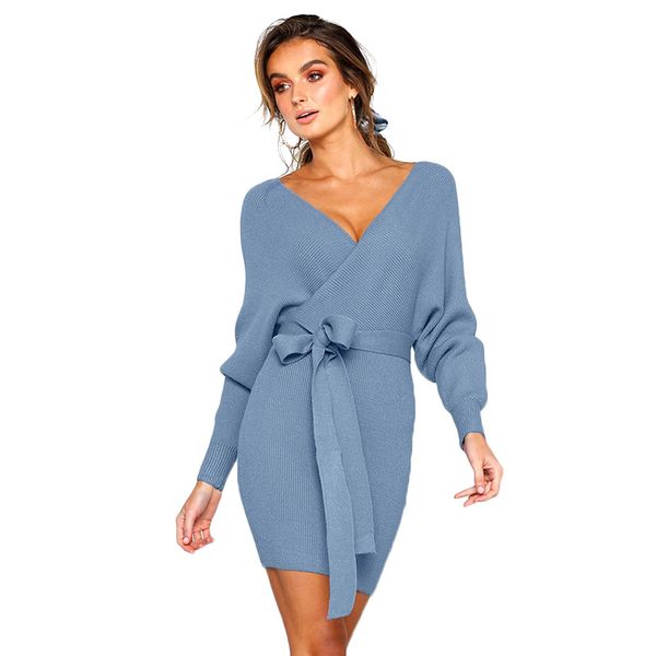 

lace up belted knit fall dress v neck backless package hip autumn winter dress women 2019 long sleeve knitted sweater, Black;gray