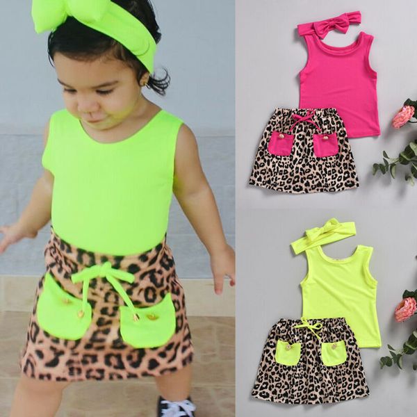 

2020 brand kids baby girl clothes summer outfit vest t-shirt leopard print pockets skirt headband sunsuit holiday 3pcs beach, White