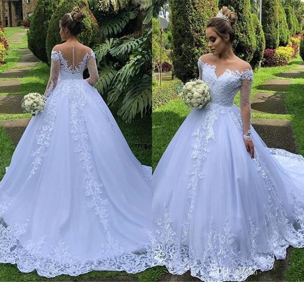 

modest long sleeve puffy wedding dresses 2019 western garden a line sheer off shoulder appliqued ruched long bride wedding gowns, White