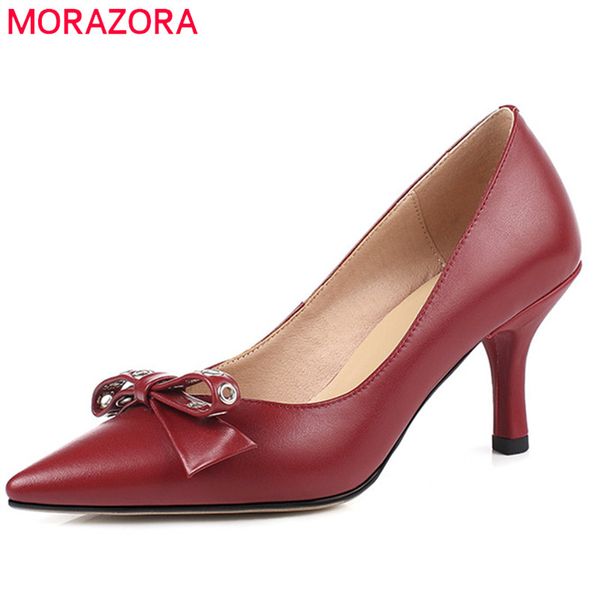 

morazora 2019 new arrival women pumps cow leather shoes shallow summer thin high heels shoes bowknot party prom woman, Black;white