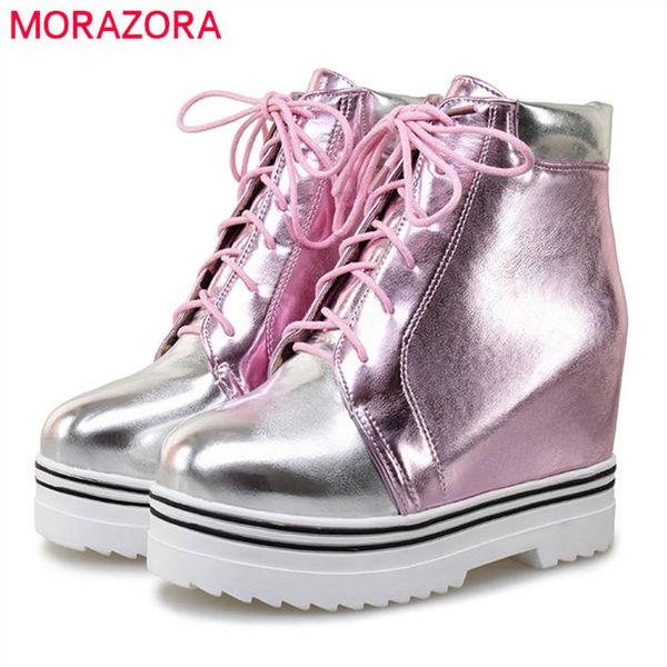 

morazora 2020 new style ankle boots for women mixed colors autumn winter boots lace up fashion platform casual lady shoes, Black