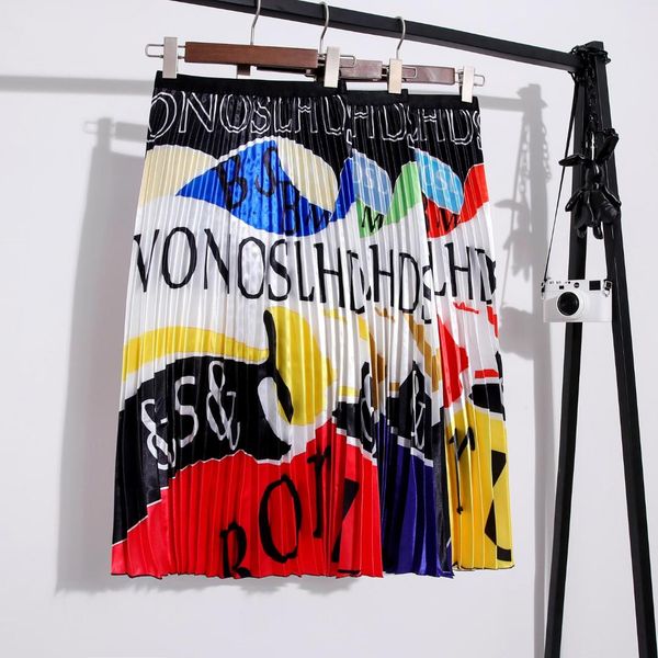 

alphabet animal print cartoon patter pleated midi skirts high waist elastic waist letter skirt korean streetwear style women, Black