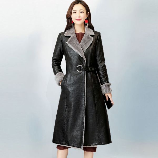 

2019 winter leather jacket women slim fur coats long hooded autumn trench coat plus size thicker faux leather jackets women 85, Black