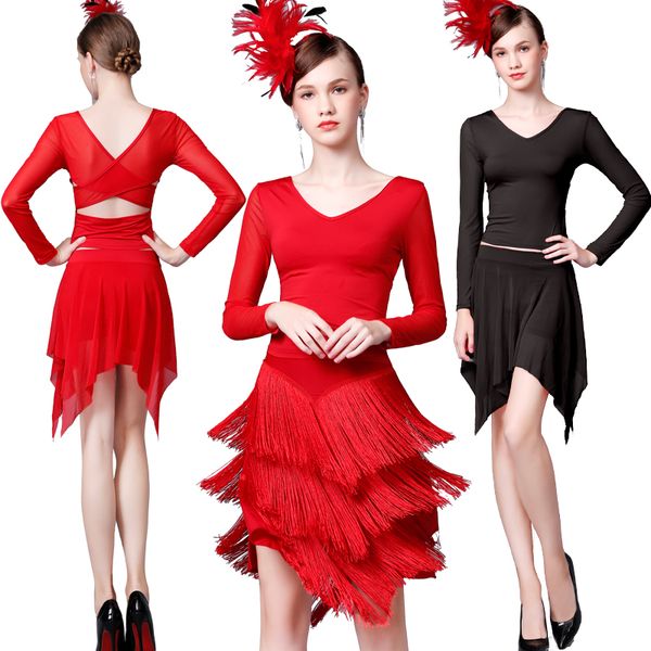 

fashion latin dance costumes women tango salsa rumba ballroom practice wear samba cha cha ladies performance clothing dc3629, Black;red