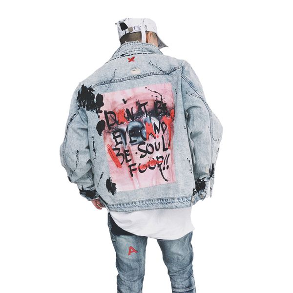 

personality men cowboy coat splash ink graffiti denim jacket frayed broken hole hip hop loose patch cloth designs outerwear, Black;brown