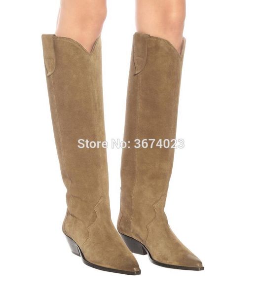 

qianruiti cowboy knight boots western mujer suede knee high boots women chunky heels fashion runway motorcycle ladies, Black