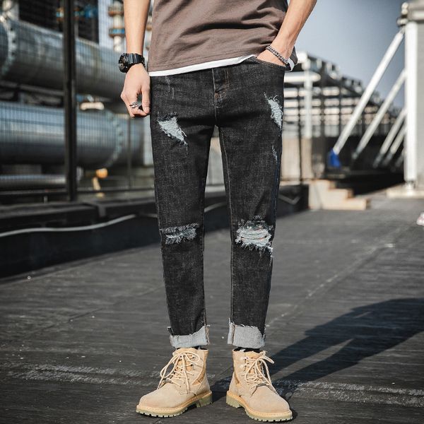 

2019 summer new style with holes jeans men's korean-style trend slim fit youth elasticity fringed straight-leg capri pants sub, Blue
