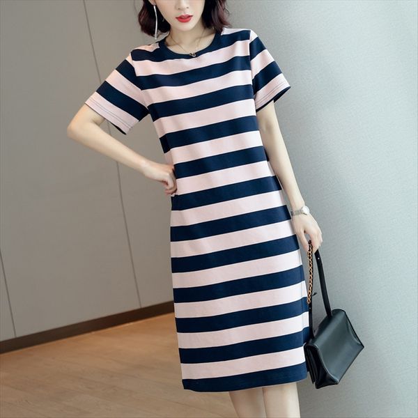 

medium-length t-shirt women's short sleeve 2020 xia kuansong slim cotton t-shirt dress knee loose striped dress women, White
