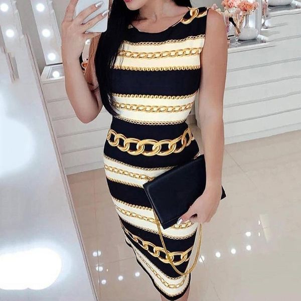 

2020 women's fashion chain print dresses summer ladies sleeveless sundress bodycon knee-length vestidos femme club dress, Black;gray