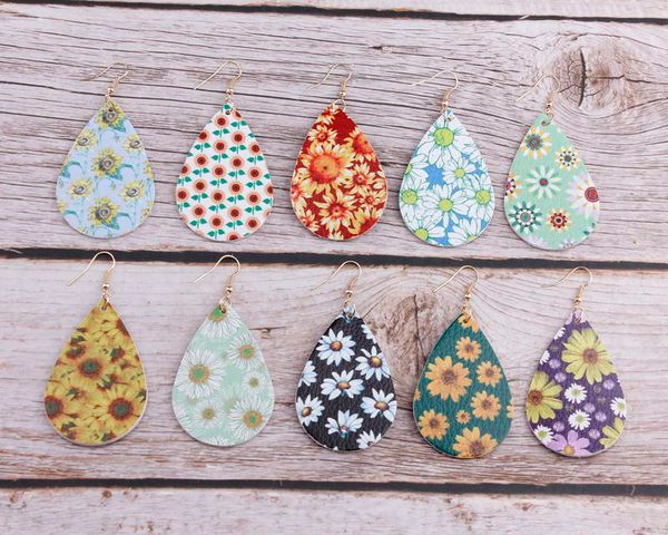 

мода водослива подсолнечник daisy цветочные печати teardrop shape pu кожа серьги для женщин 2020 весна лето мода ювелирные изделия аксессуар, Silver