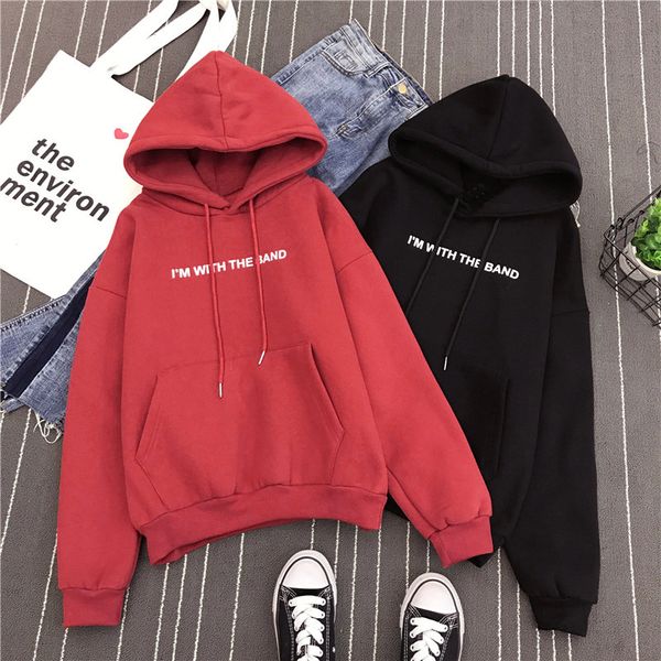 

autumn & winter brushed and thick hoodie women's korean-style fashion students loose and plus-sized harajuku bf style cool long, Black