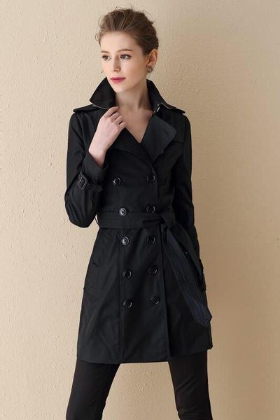 

women's windbreaker long slim trench coat solid color double-breasted trench coats belt waterproof jacket classic england windbreaker, Tan;black