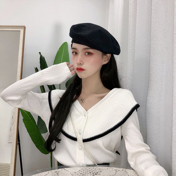 

korean autumn new slim ruffles v-neck cardigan woman fashion sweater hit color long sleeve knitting women sweet short coat, White