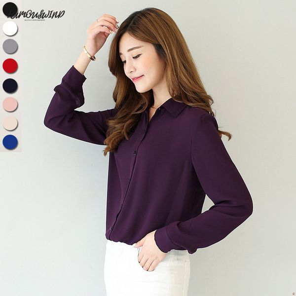 

новая весна горячая сплошной цвет отворот с длинным рукавом рубашки кардиган плюс размер рубашка шифон блузка рубашка женские свободные повс, White