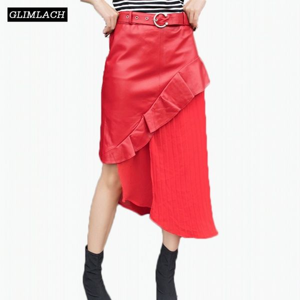 

women irregular lambskin spliced midi long genuine leather skirt elegant ruffles real leather skirt with belt streetwear female, Black