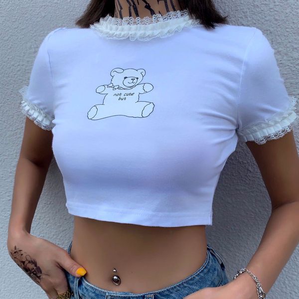 

белый симпатичный мультфильм медведь printed tshirt crop top женщины футболки летняя мода хлопка tee shirt основные повседневные tops, White