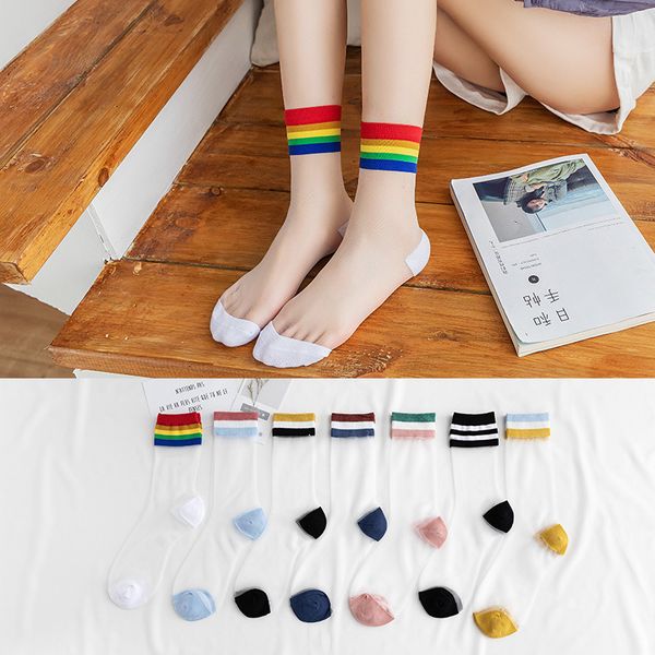 

socks & hosiery sheer sale women rainbow crew striped silk elastic mesh knit transparent ankle funny black lace sock cute, Black;white
