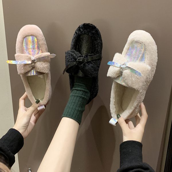 

square toe bow-knot 2019 fashion women's loafers fur female shoe shallow mouth casual woman platform shoes butterfly modis, Black