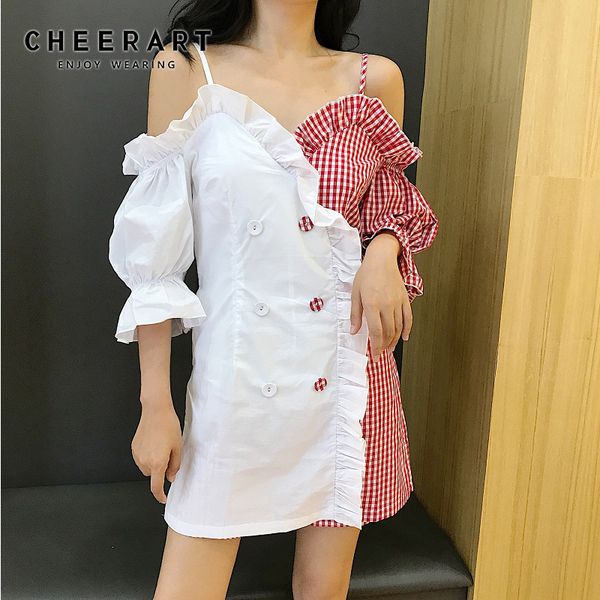 

cheerart плед лоскутная спагетти ремень платье корейский женщины лето v шеи рюшами puff рукавом мини-платье сексуальная bodycon платье, Black;gray