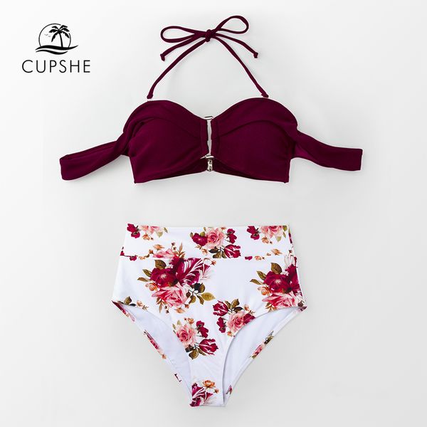 

cupshe burgundy and floral print high-waisted bikini set 2019 women off-shoulder push up two pieces swimsuits