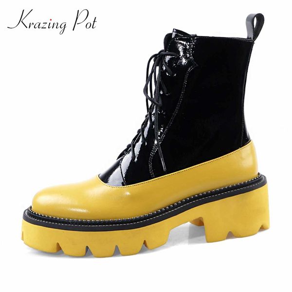 

krazing pot cow leather superstar thick bottom high heels platform round toe lace up mixed color preppy style mid-calf boots l76, Black
