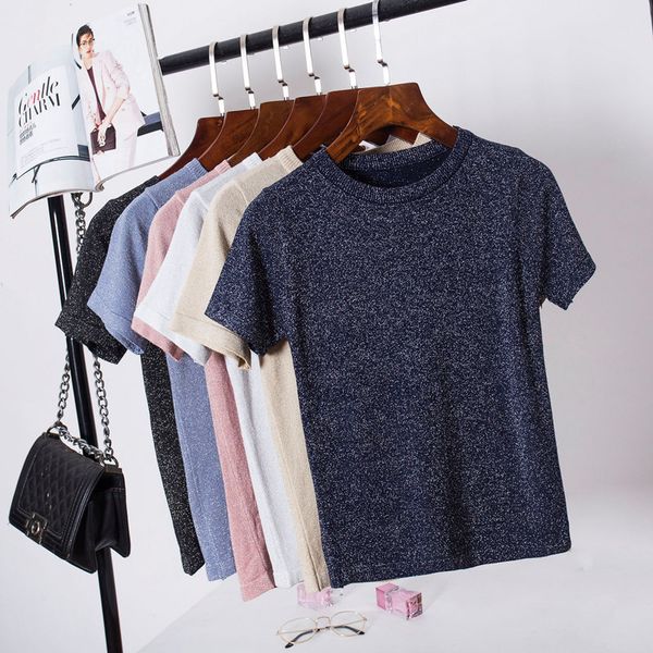 

shintimes new summer knitted t shirt women casual short sleeves t-shirt breathable elasticity kintwear tshirt o-neck female, White