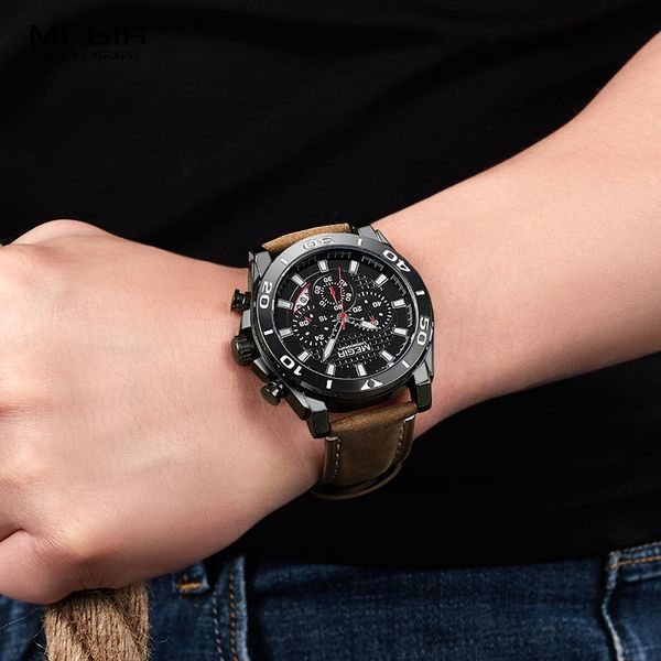 

men's leather strap army sports quartz watches waterproof luminous chronograph wristwatch man relogios clock 2094 black, Slivery;brown
