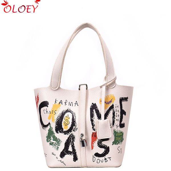 

2019 new vintage graffiti women's bag leather handbag female designer shoulder bag ladies tote bolsa feminina