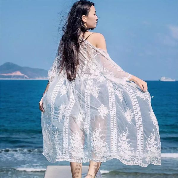 

forerun kant strand jurk lange bloemen borduren beach cover up bikini badmode kimono vest cover up holiday beachwear, Blue;gray