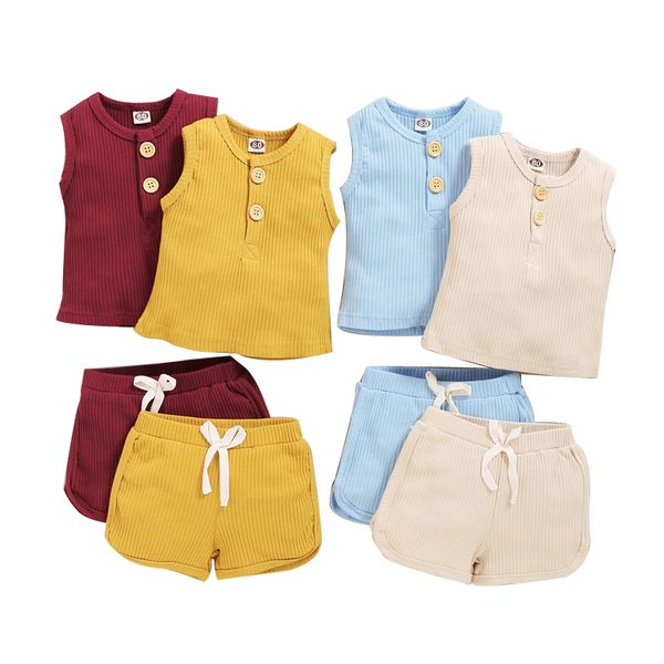 

baby solid outfits infant button sleeveless vest kids casual clothes girls sports suit toddler cotton elastic shorts 9m-4t us 060518, White
