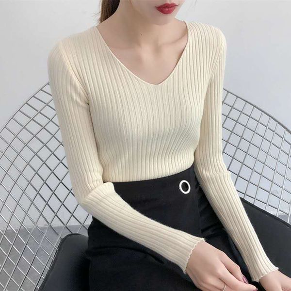

lucyever spring sweater women pullover elastic knitted jumper long sleeve v-neck autumn basic female knitwear sueter mujer, White;black