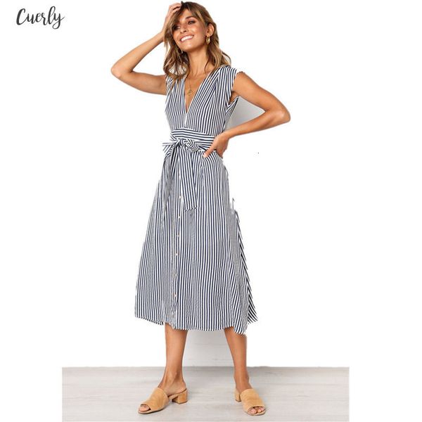 

2020 summer dress women sleeveless casual stripe dresses v neck bangage midi dress female knee length vintage sundress for lady, Black;gray