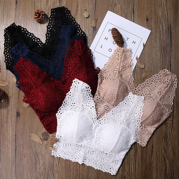 

женская мода tank top sexy кружева crop top женщины моды кружева проложенный цветочный бюстгальтер v шеи bralett дамы бретели свободный кора, White
