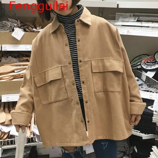 

jackets women solid simple all-match turn-down collar leisure korean jacket womens ulzzang bf loose students basic trendy coat, Black;brown