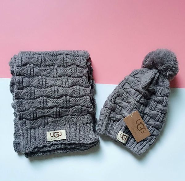 

2020 two-piece hat scarf new female cute winter hat knitted hat ball beads hand hook long scarf hats, Blue;gray