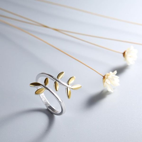 

mloveacc natural plant branch ring 925 sterling silver gold color leaves for women party fashion jewelry new gift, Golden;silver