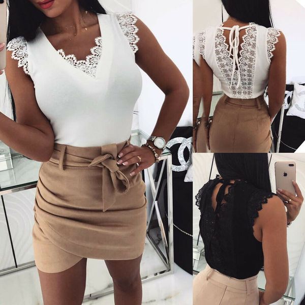 

women arrival bind vest lace 2019 ladies casual camisole tank sleeveless v neck solid slim t shirt hot, White