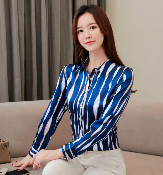 

new runway silk satin women's striped shirts plus size long sleeve lapel neck printed ladies button blouse slim office designer shirt, White