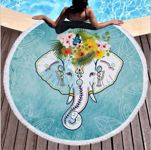 

new 150*150cm elephant beach towel microfiber swimming bath towels shawl mat round tassel beach cover up bohemia yoga mat