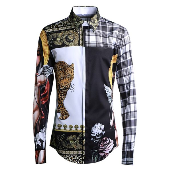 

new men virgin mary tiger print shirts europe original design long sleeve slim fit plaid shirt male fashion high street clothing, White;black