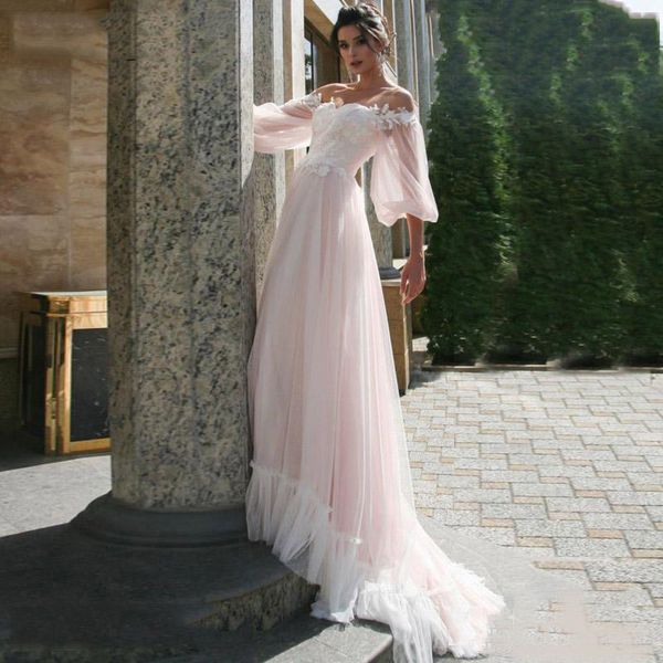 

2019 Romentic Boho Pink Wedding Dresses A-Line Lace Appliques Long Sleeves Bride Dress Wedding Gown 2019