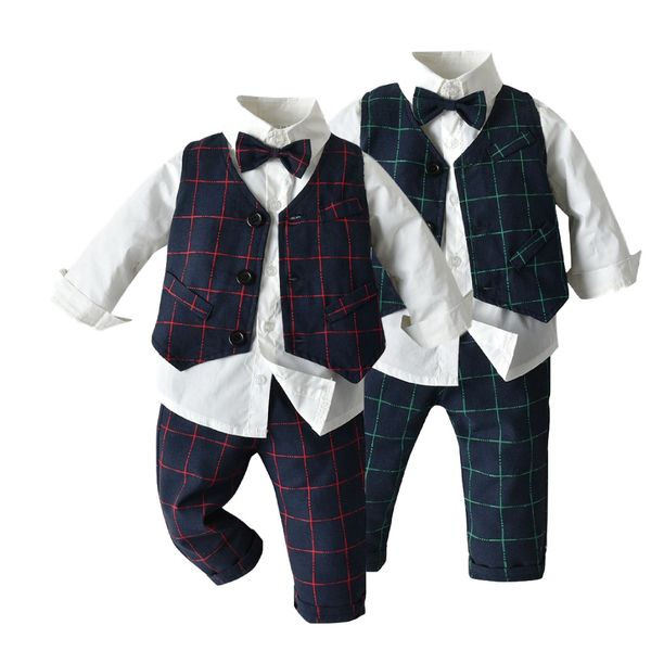 

3 set 2020 spring and autumn new boy's clothing boy gentleman shirt dark vest long sleeve shirts pants children's clothes, White