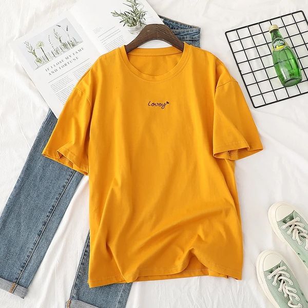 

women summer t-shirts korean casual o neck short sleeve letter embroidery loose cotton tees student simple all match tshirt, White