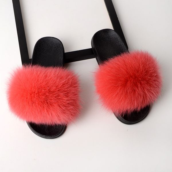 

37 women color real fox fur slides home furry flat sandals outdoor slippers fluffy indoor shoes woman 20-1, Black