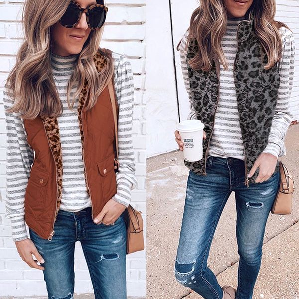 

lisala women sleeveless jacket autumn winter vest female warm waistcoat leopard sherpa jackets sleeveless, Black;white