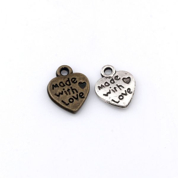 

made with love heart charm pendants 200pcs/lot fashion jewelry diy fit bracelets necklace 9.5x 12mm antique silver /bronze a-528, Bronze;silver