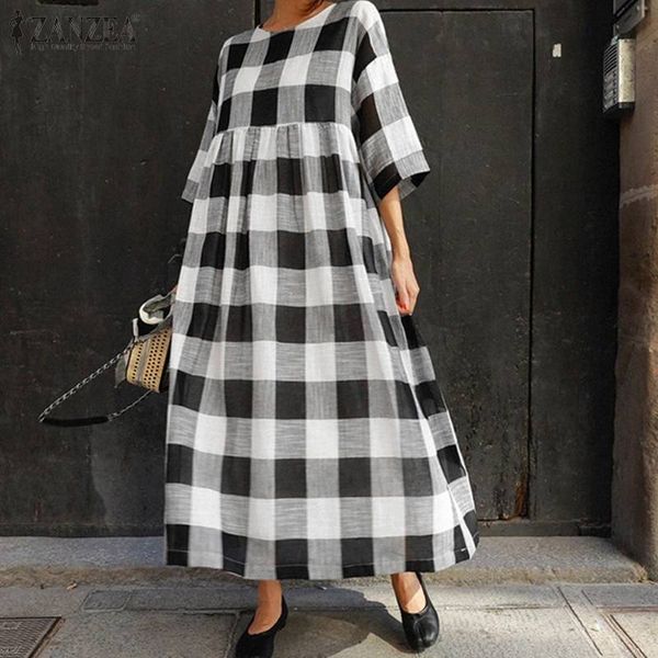 

women plaid check bohemian dress zanzea 2019 vintage long maxi vestidos tunic shirt sundress cotton linen robe femme plus size, Black;gray